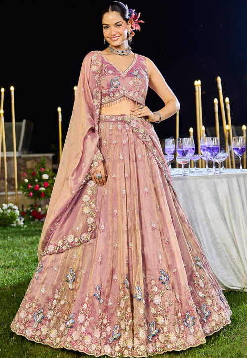 Embroidered Tissue Shimmer Lehenga in Dusty Purple