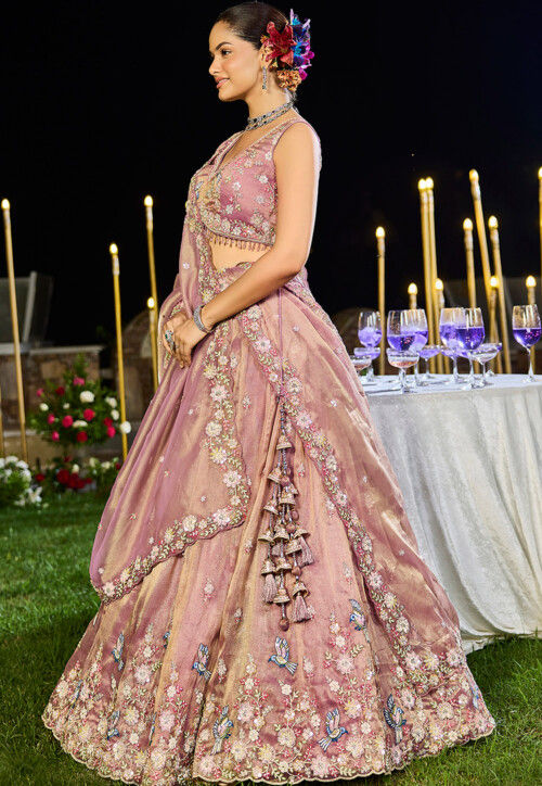Embroidered Tissue Shimmer Lehenga in Dusty Purple