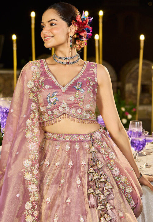 Embroidered Tissue Shimmer Lehenga in Dusty Purple