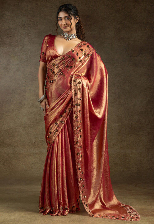 Embroidered Tissue Shimmer Scalloped Saree in Bronze