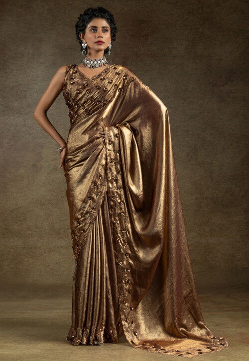 Embroidered Tissue Shimmer Scalloped Saree in Copper