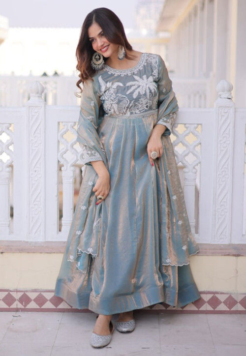 Buy Embroidered Tissue Silk Abaya Style Suit in Dusty Blue Online : KQU5527  - Utsav Fashion