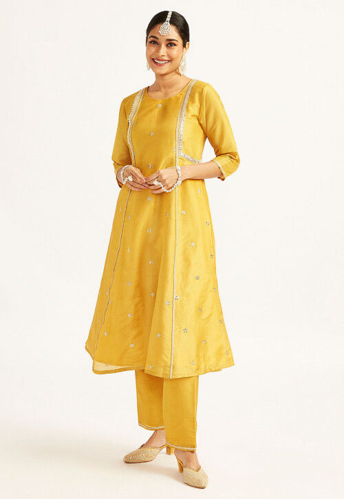 Embroidered Tissue Silk A Line Suit in Mustard