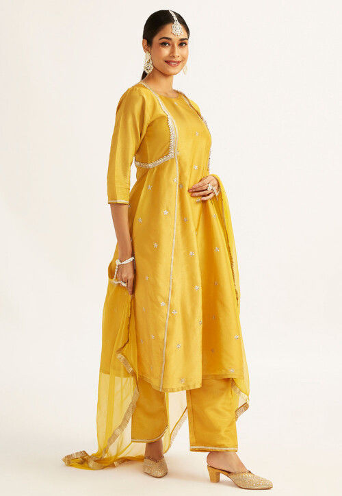 Embroidered Tissue Silk A Line Suit in Mustard
