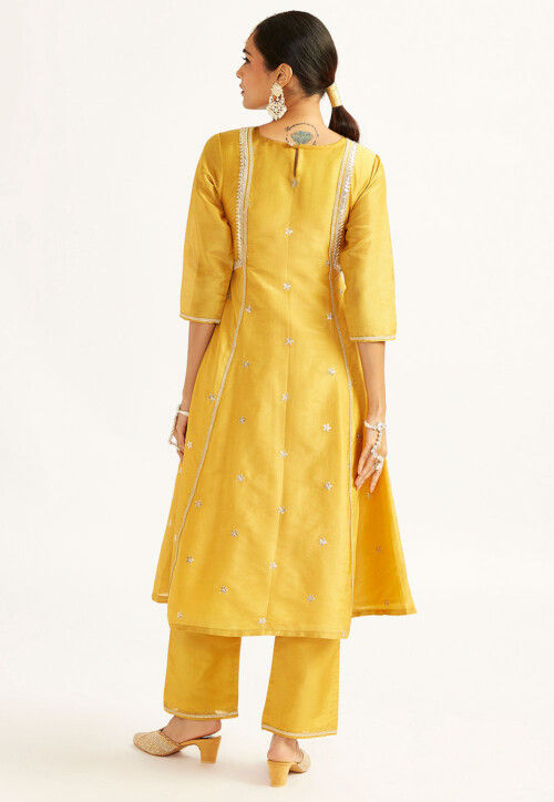 Embroidered Tissue Silk A Line Suit in Mustard
