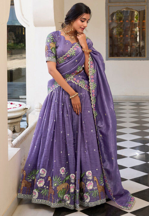 Embroidered Tissue Silk Lehenga in Purple