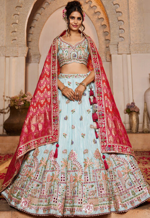 Embroidered Tissue Silk Lehenga in Sky Blue