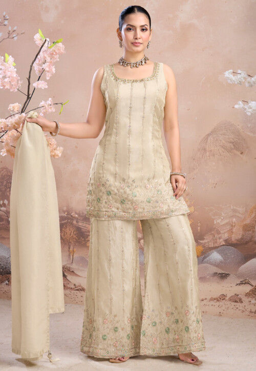 Buy Embroidered Tissue Silk Pakistani Suit in Off White Online : KRD1869 -  Utsav Fashion