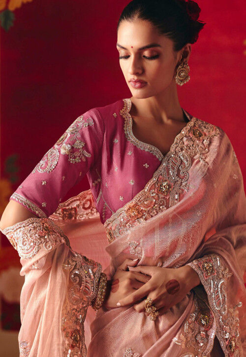Embroidered Tissue Silk Saree in Baby Pink