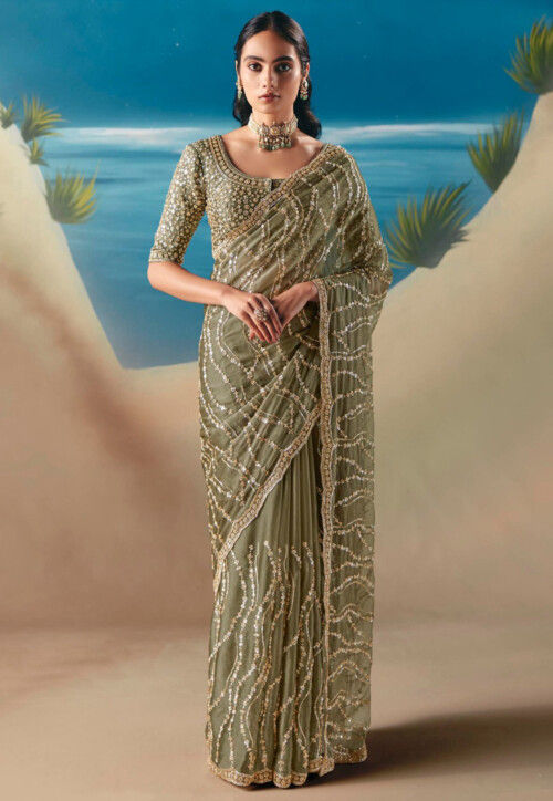 Embroidered Tissue Silk Saree in Dusty Green