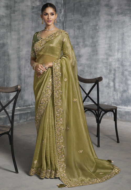 Embroidered Tissue Silk Scalloped Saree in Olive Green