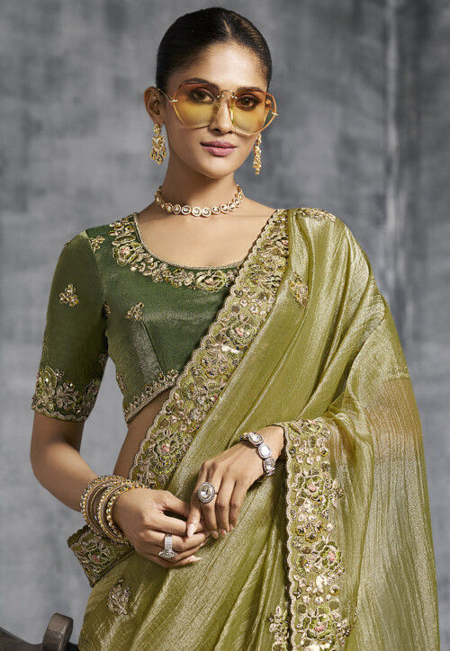 Embroidered Tissue Silk Scalloped Saree in Olive Green