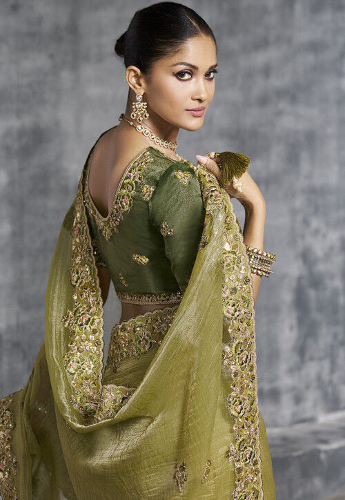 Embroidered Tissue Silk Scalloped Saree in Olive Green