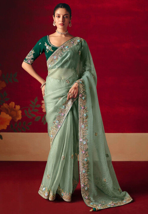 Embroidered Tissue Silk Saree in Pastel Green