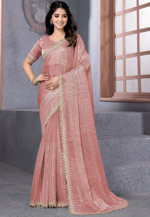 Embroidered Tissue Silk Saree in Peach
