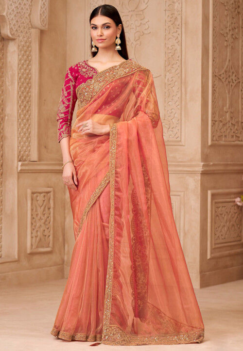 Embroidered Border Tissue Silk Saree in Light Orange