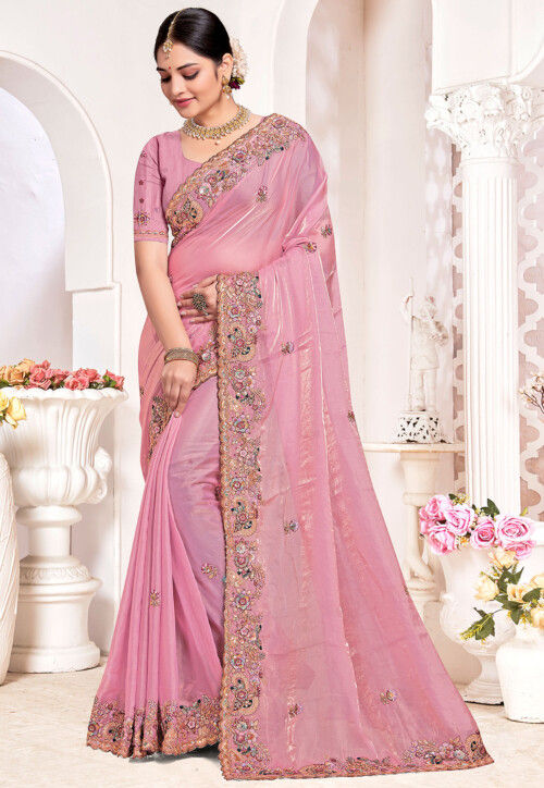 Embroidered Tissue Silk Saree in Pink