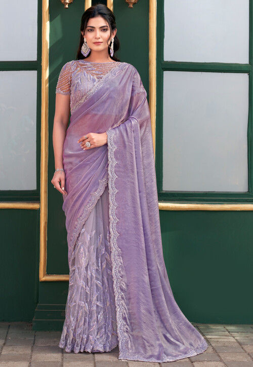 Embroidered Tissue Silk Saree in Purple