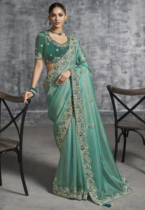 Embroidered Tissue Silk Scalloped Saree in Teal Green