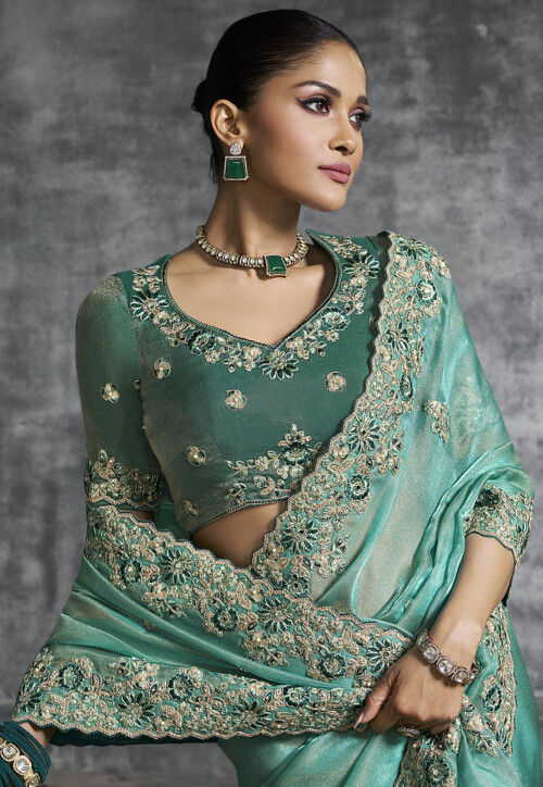 Embroidered Tissue Silk Scalloped Saree in Teal Green
