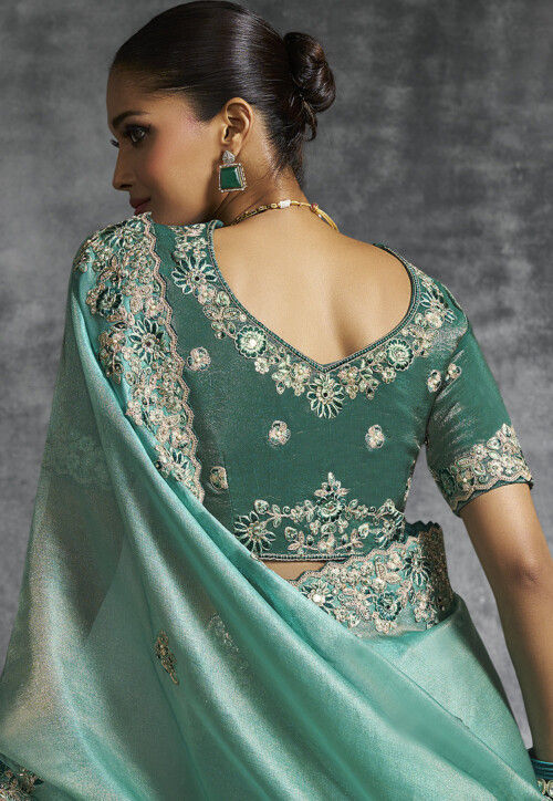 Embroidered Tissue Silk Scalloped Saree in Teal Green