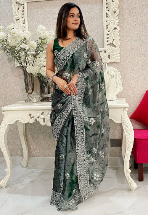 Embroidered Tissue Silk Scalloped Saree in Green