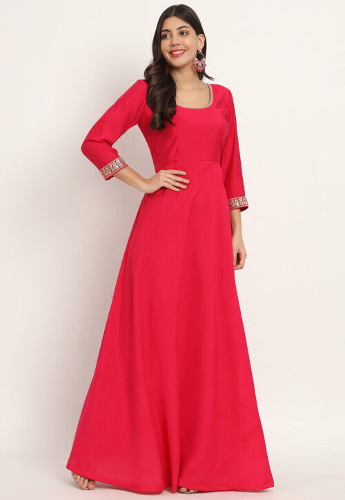 Embroidered Trim Art Silk Gown in Fuchsia