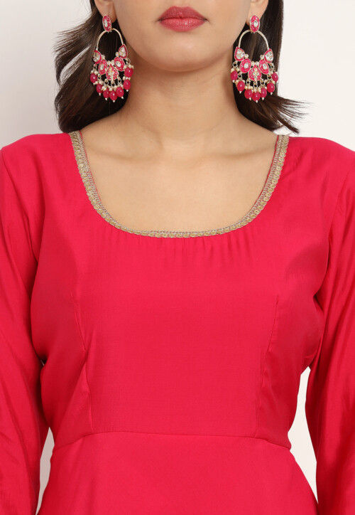 Embroidered Trim Art Silk Gown in Fuchsia