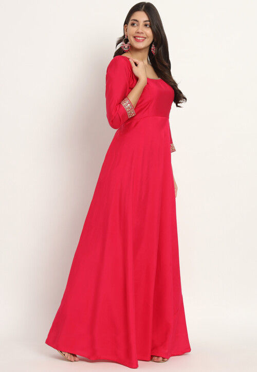 Embroidered Trim Art Silk Gown in Fuchsia