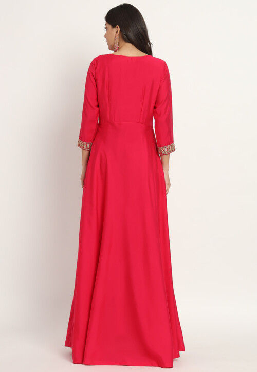 Embroidered Trim Art Silk Gown in Fuchsia