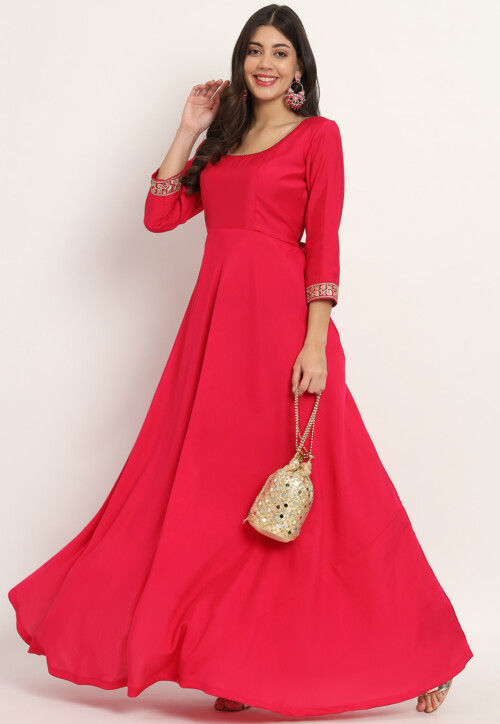 Embroidered Trim Art Silk Gown in Fuchsia