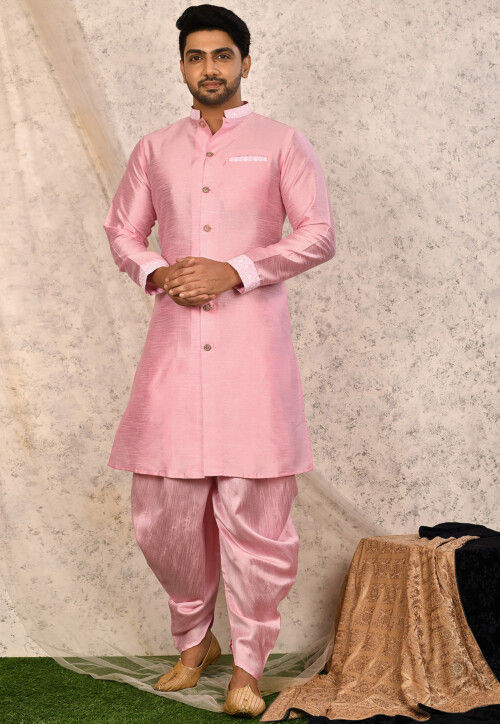 Embroidered Trim Art Silk Sherwani in Pink