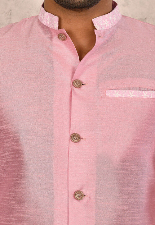 Embroidered Trim Art Silk Sherwani in Pink