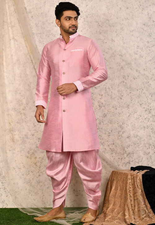 Embroidered Trim Art Silk Sherwani in Pink