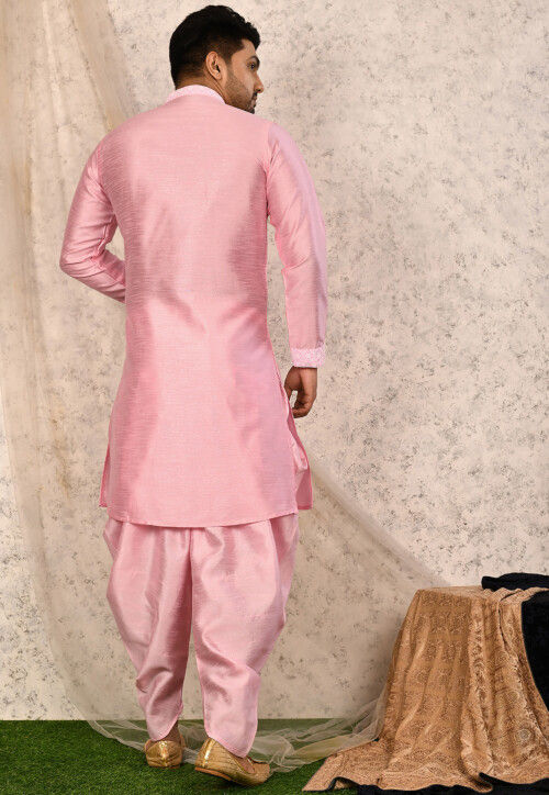 Embroidered Trim Art Silk Sherwani in Pink