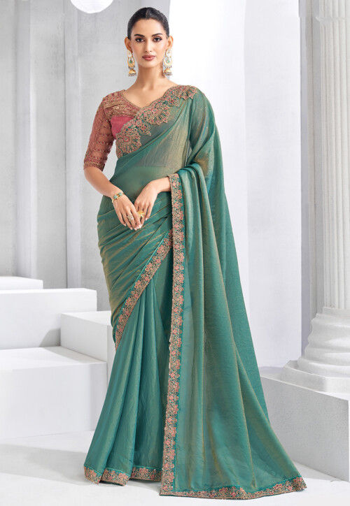 Embroidered Trim Chiffon Saree in Teal Green
