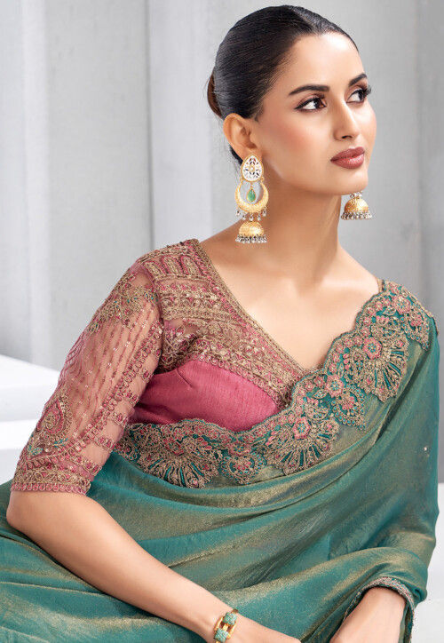 Embroidered Trim Chiffon Saree in Teal Green