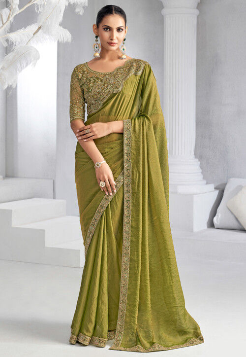 Embroidered Trim Chiffon Scalloped Saree in Olive Green