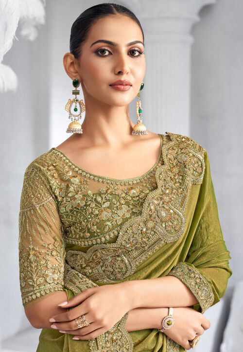 Embroidered Trim Chiffon Scalloped Saree in Olive Green