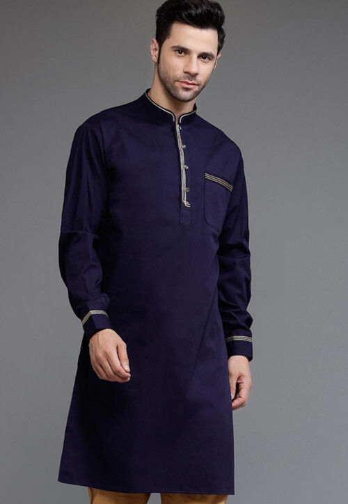 Embroidered Trim Cotton Kurta in Navy Blue
