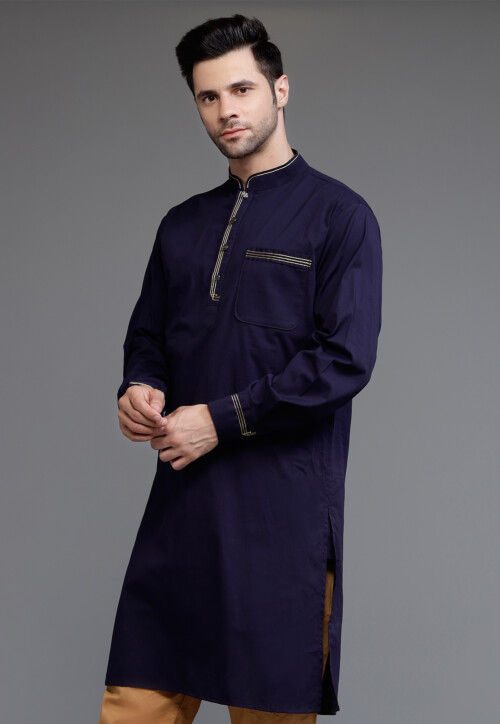 Embroidered Trim Cotton Kurta in Navy Blue