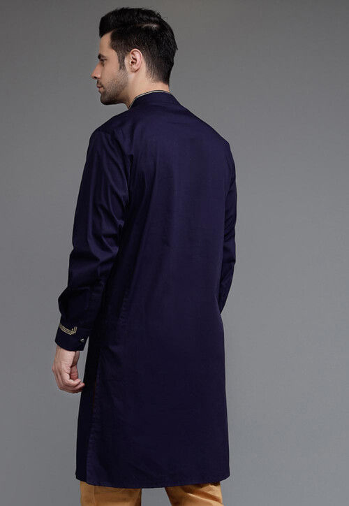 Embroidered Trim Cotton Kurta in Navy Blue