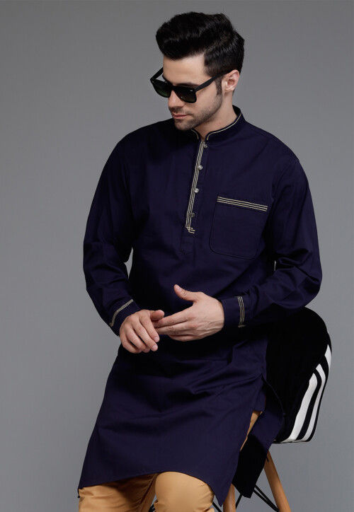 Embroidered Trim Cotton Kurta in Navy Blue
