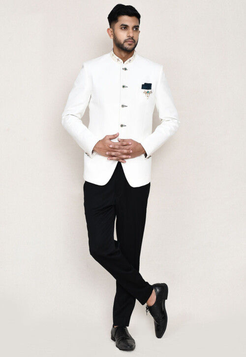 Buy Embroidered Trim Cotton Linen Jodhpuri Suit in Off White
