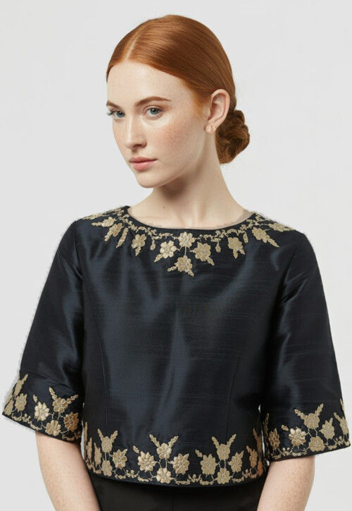Embroidered Trim Dupion Silk Blouse in Black