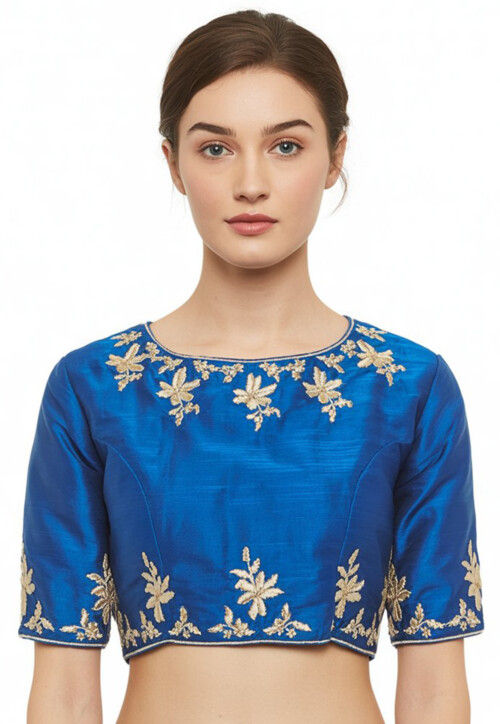 Embroidered Trim Dupion Silk Blouse in Teal Blue