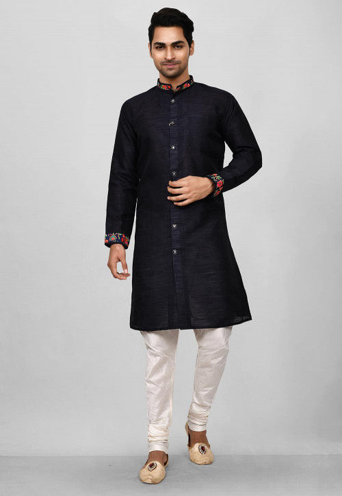 Embroidered Trim Dupion Silk Sherwani in Navy Blue