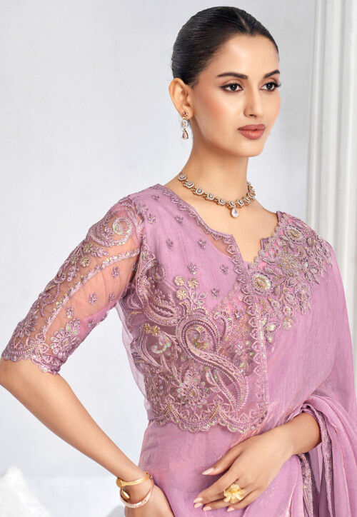 Embroidered Trim Organza Saree in Pink