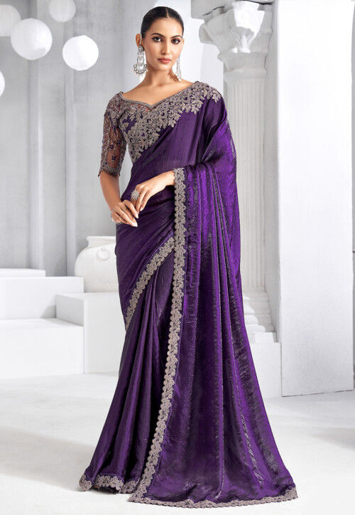 Embroidered Trim Organza Saree in Purple