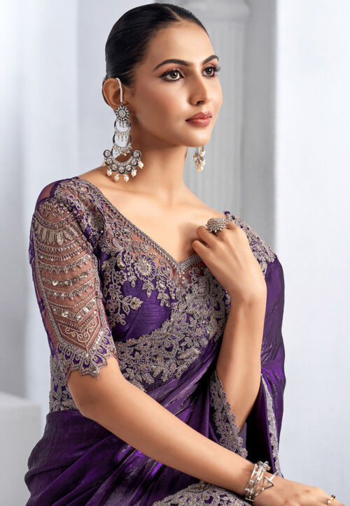 Embroidered Trim Organza Saree in Purple